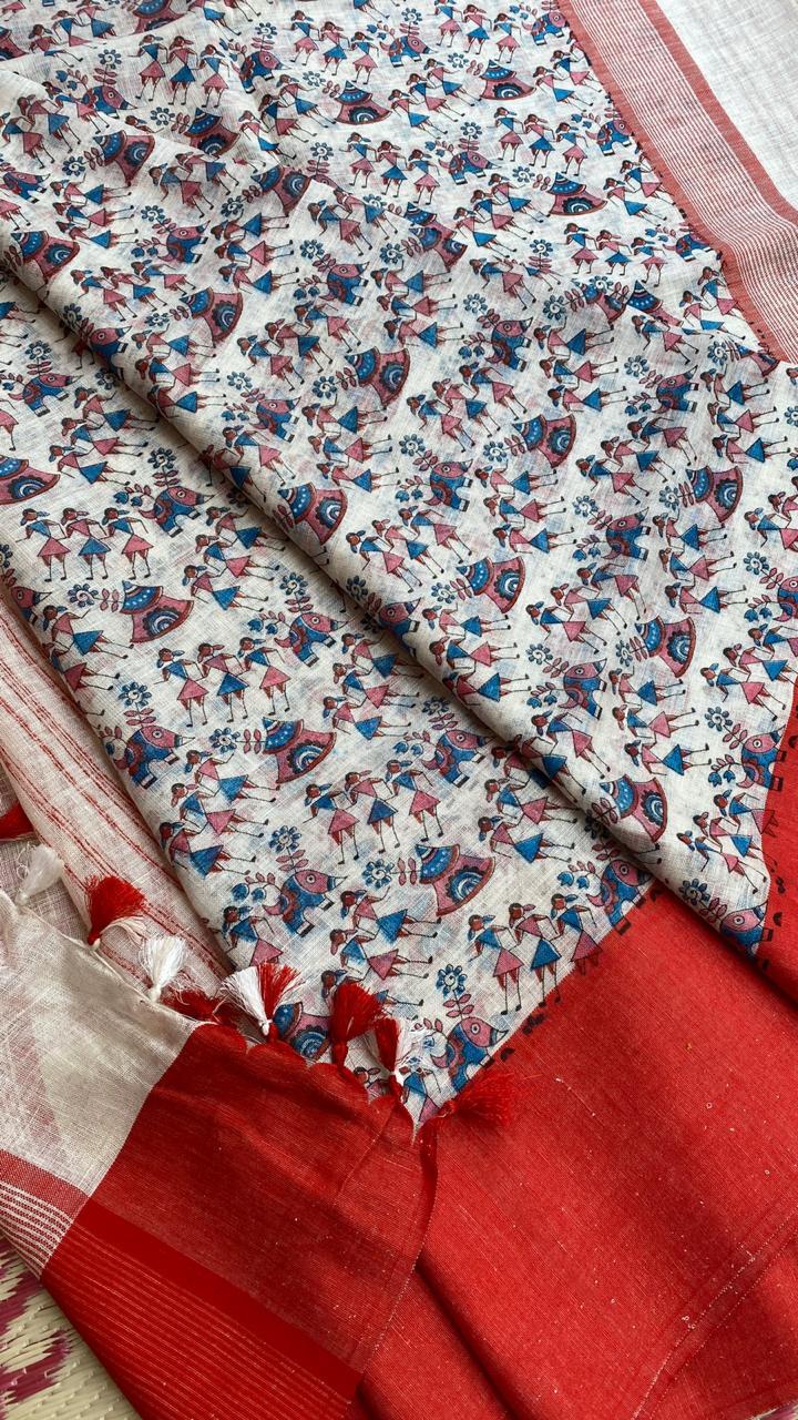 Pure Exclusively Made Single Pieces Pure Linen By Linen 120 Count Sarees, With Madhubani Print And Contrast Blouse - Silk Material, Ideal For Party Wear, Woven Pattern For All Seasons