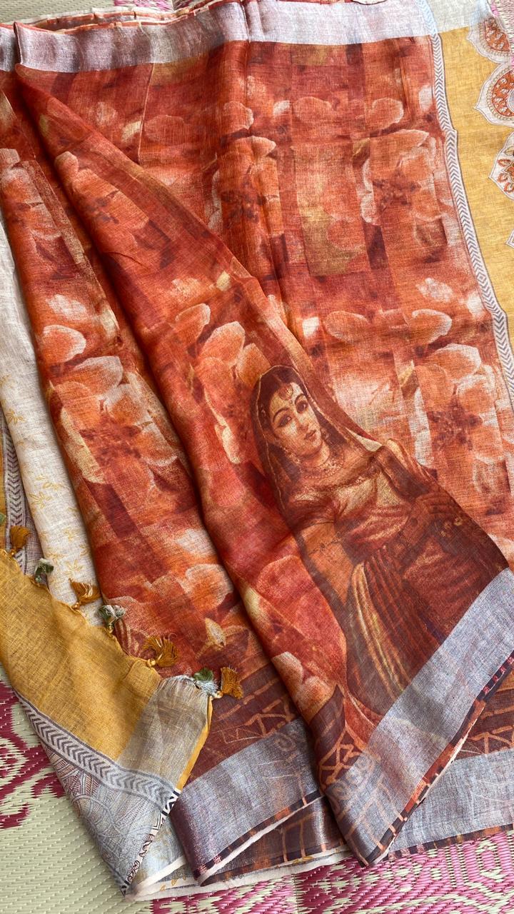 Pure Exclusively Made Single Pieces Pure Linen By Linen 120 Count Sarees, With Madhubani Print And Contrast Blouse - Silk Material, Ideal For Party Wear, Woven Pattern For All Seasons