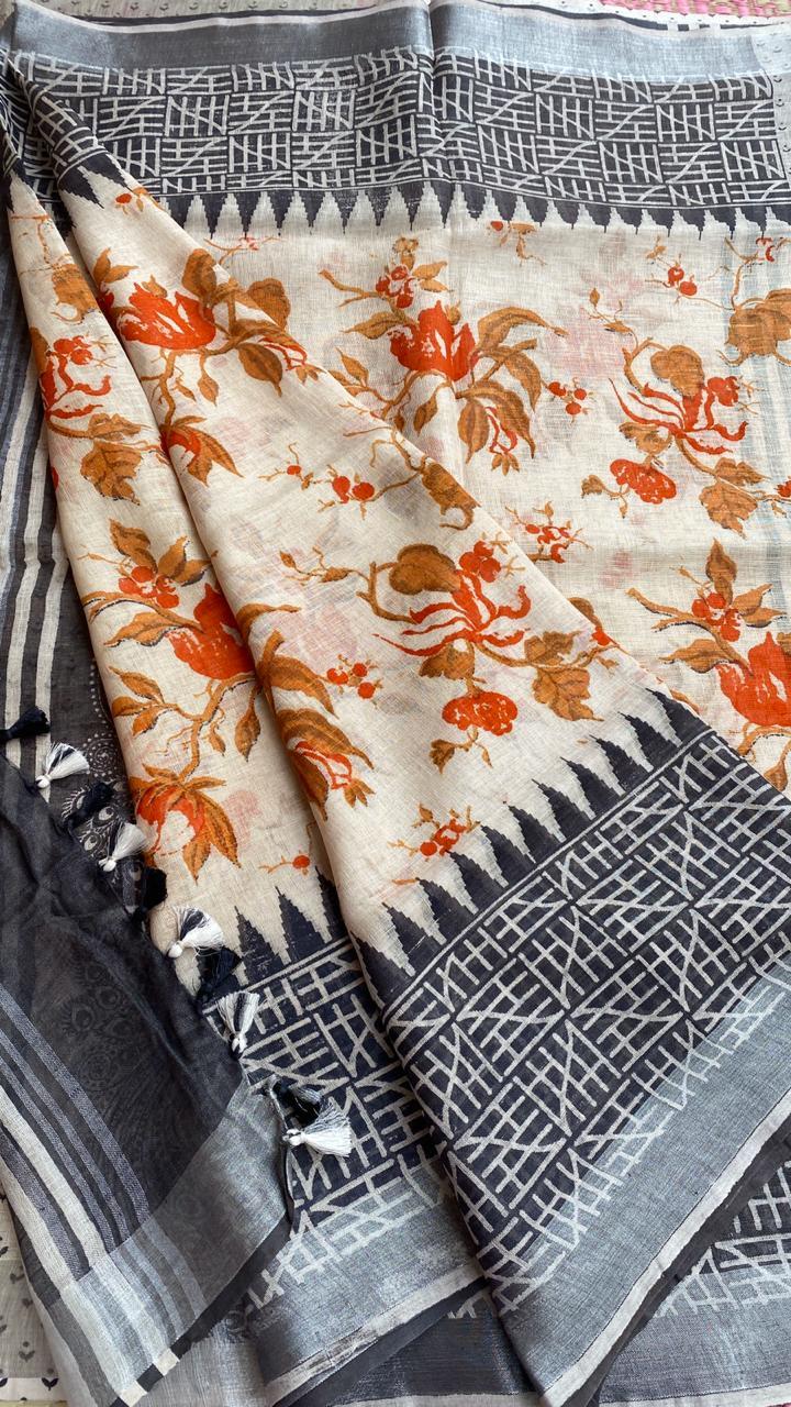Pure Exclusively Made Single Pieces Pure Linen By Linen 120 Count Sarees, With Madhubani Print And Contrast Blouse - Silk Material, Ideal For Party Wear, Woven Pattern For All Seasons