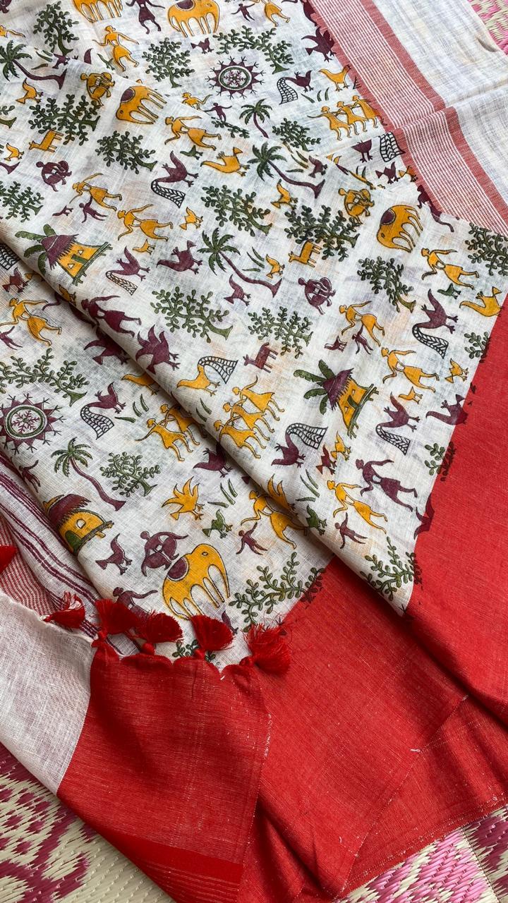 Pure Exclusively Made Single Pieces Pure Linen By Linen 120 Count Sarees, With Madhubani Print And Contrast Blouse - Silk Material, Ideal For Party Wear, Woven Pattern For All Seasons