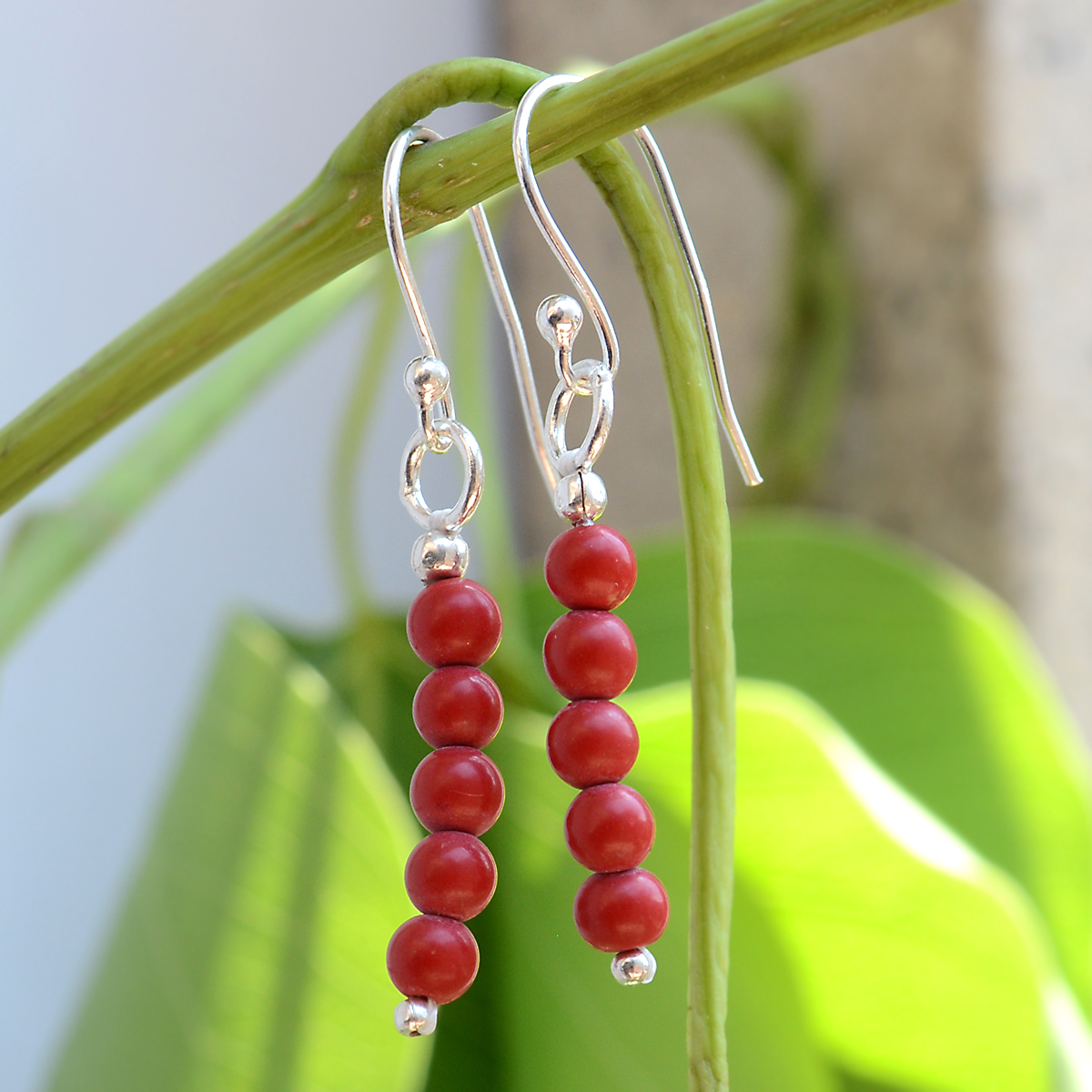 Red Coral Gemstone Silver Earring Pg-156328 Gender: Women