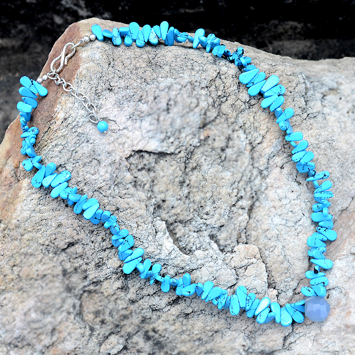 Blue Chalcedony, Turquoise Silver Necklace Pg-156340 Size: 1.1x41 Cm.