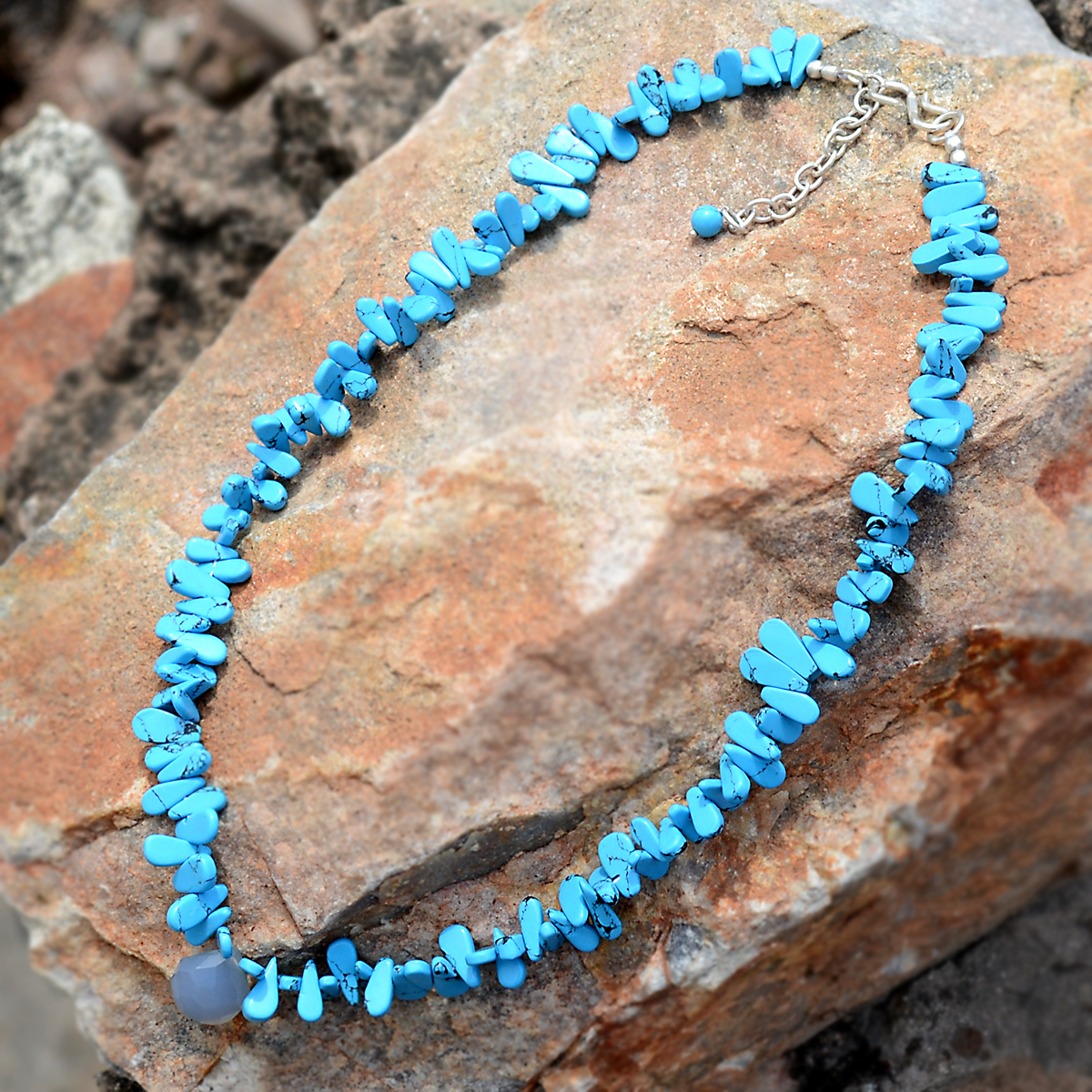 Blue Chalcedony, Turquoise Silver Necklace Pg-156340 Size: 1.1x41 Cm.