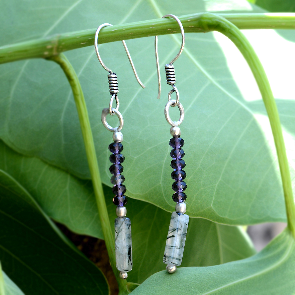 Amethyst & Rutile Quartz Silver Earrings - 925 Sterling Silver, 0.5x6 Cm Dangle Design | Elegant Gift For Women, Perfect For Engagement And Weddings