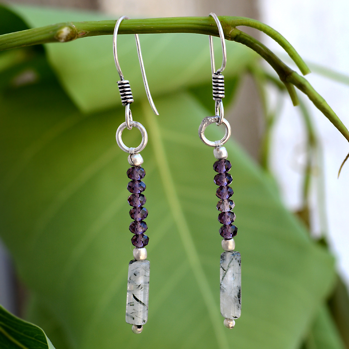 Amethyst & Rutile Quartz Silver Earrings - 925 Sterling Silver, 0.5x6 Cm Dangle Design | Elegant Gift For Women, Perfect For Engagement And Weddings