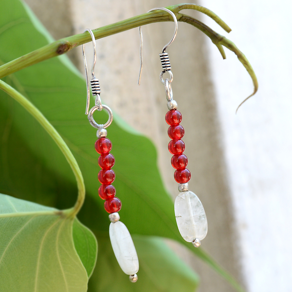 Dangle Earrings - 0.8x6.2 Cm, Red & White Quartz Stones, 925 Sterling Silver, Perfect For Weddings And Parties