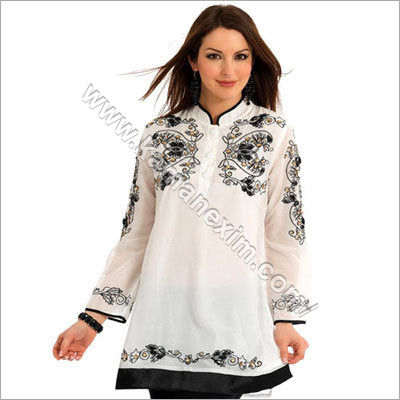 White Kurta With Black Thread Embroidery