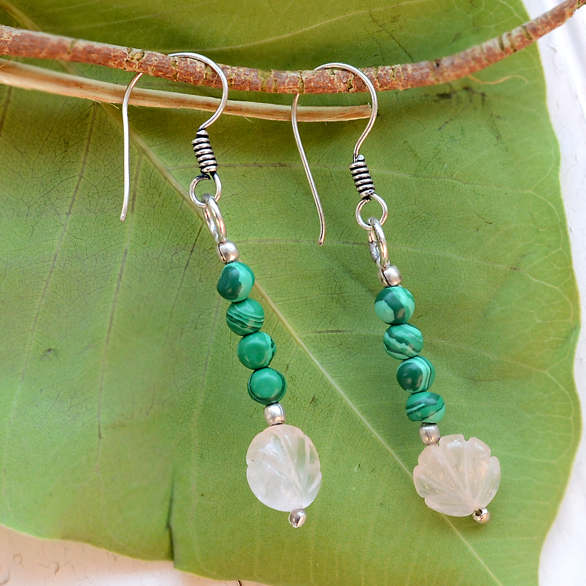 Malachite & Rose Quartz Silver Earring Pg-156372 Gender: Women