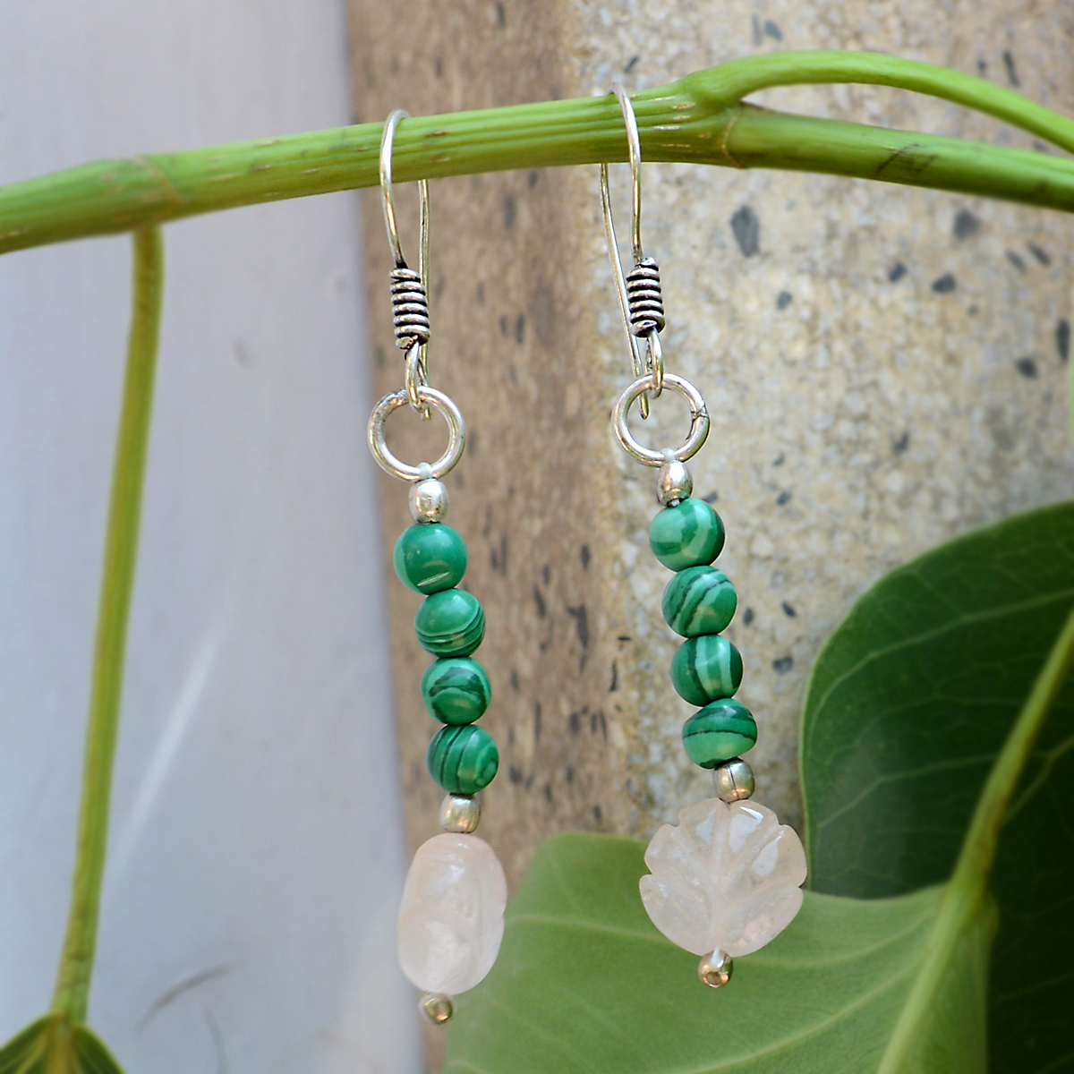 Malachite & Rose Quartz Silver Earring Pg-156372 Gender: Women