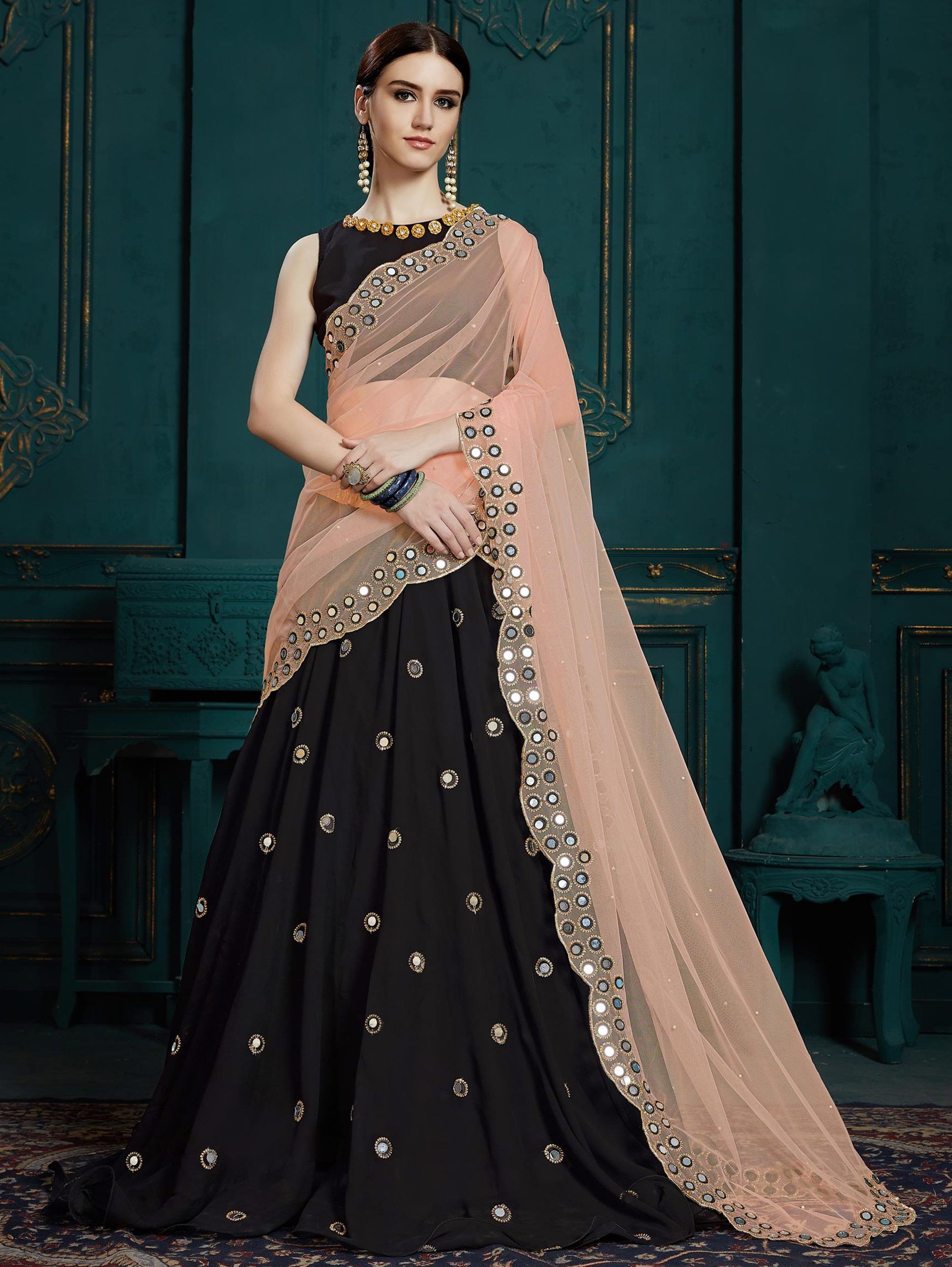 Black Georgette Lehenga Choli With Mirror Work - 42 Inch Length, Pink Net Dupatta, Short Sleeves, All-season Wear, Dry Clean Recommended