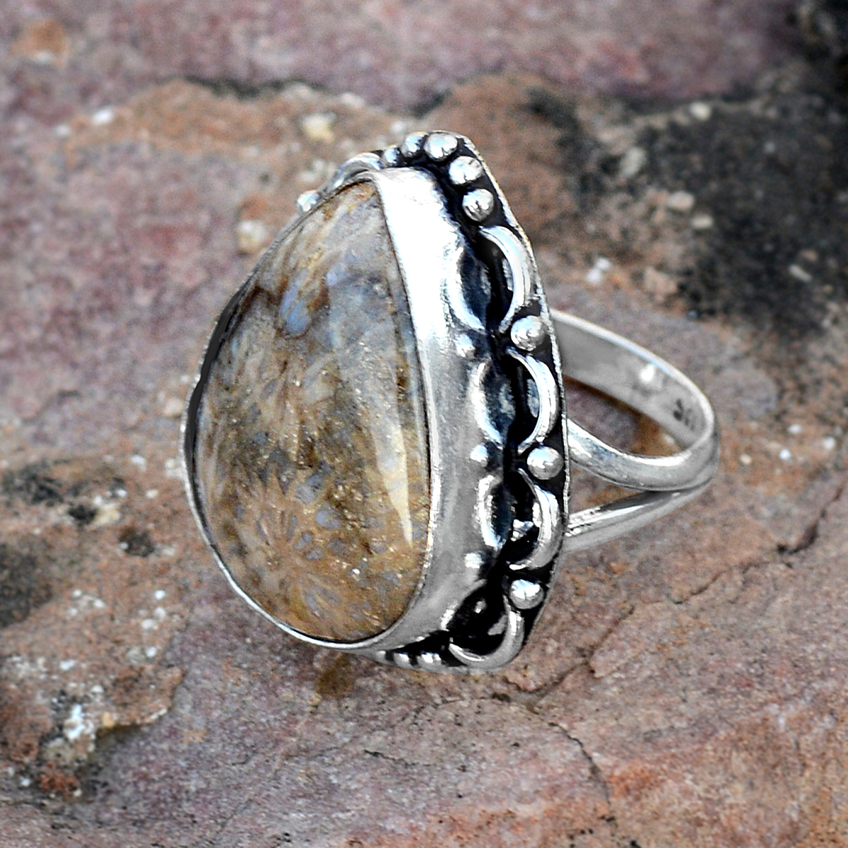 Fossil Coral Gemstone Silver Ring Pg-156614 Gender: Women