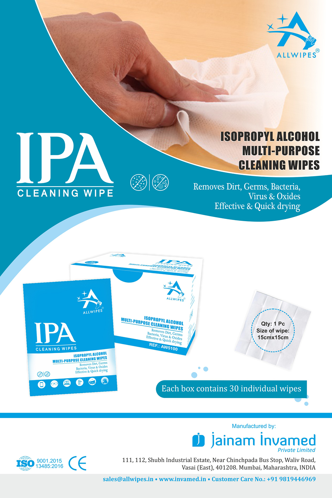 Sanitizing Wet Wipes - Spunlace Non-woven, 15x15 Cms, White | Multipurpose Cleaning For Hands & Surfaces, Quick-drying, Refreshing Lime Fragrance