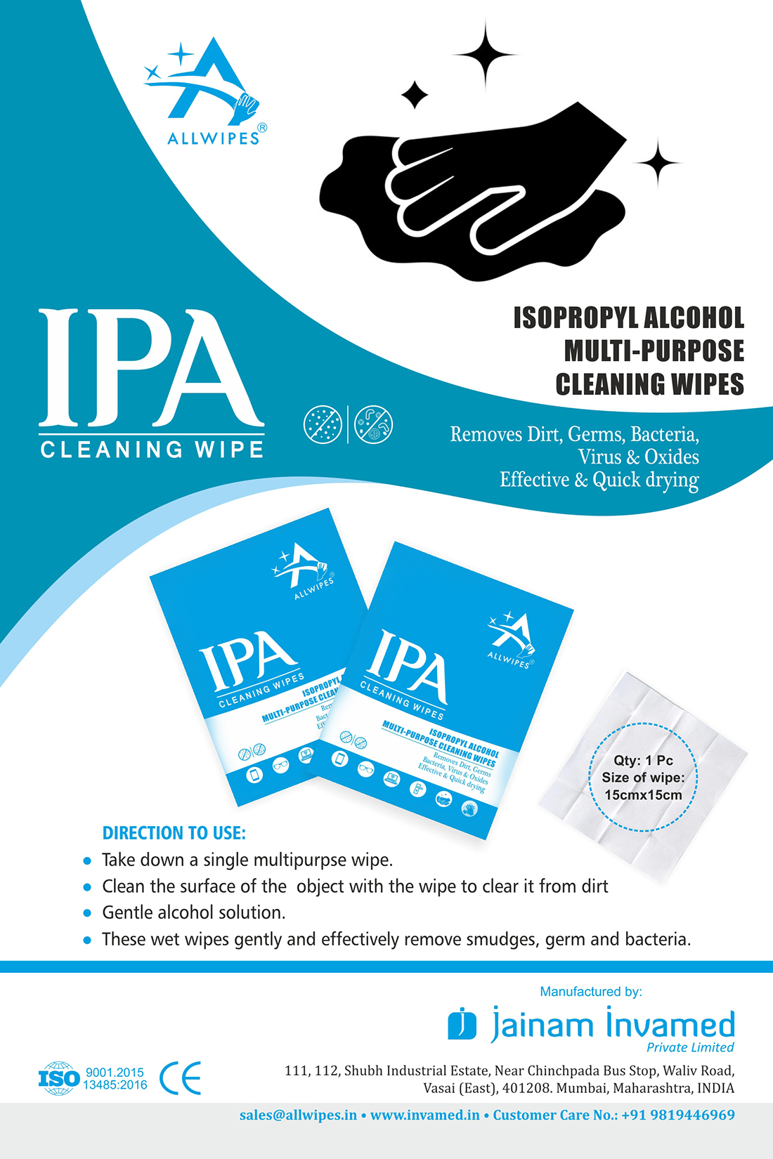 Sanitizing Wet Wipes - Spunlace Non-woven, 15x15 Cms, White | Multipurpose Cleaning For Hands & Surfaces, Quick-drying, Refreshing Lime Fragrance