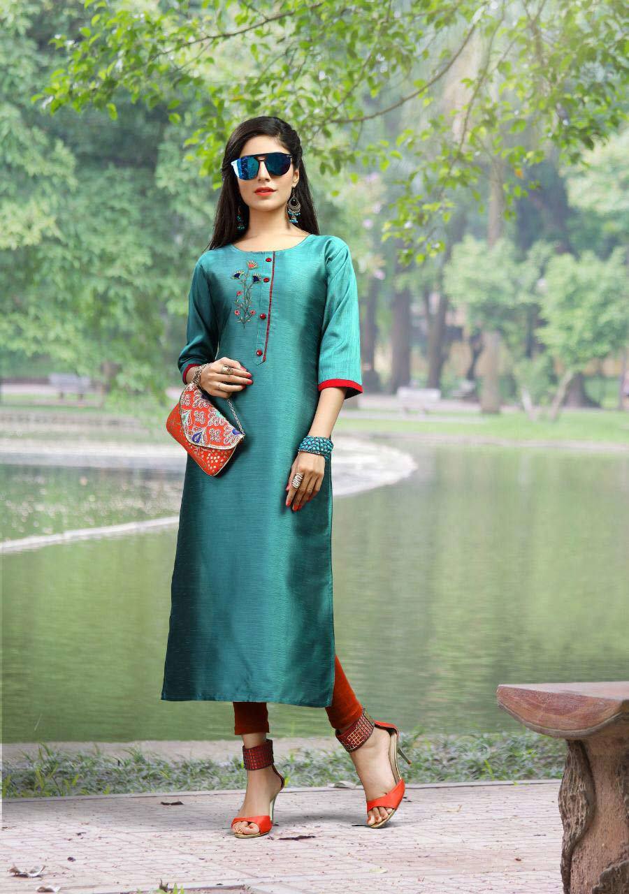 Ayana Vol-2 Riya Designer Wholesale Kurti - Zorba Silk, M-38/l-40/xl-42/xxl-44, Length 46 | Heavy Khatli Zardosi Work, All Season Wear