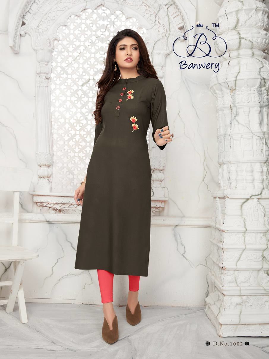Banwery Bella Rayon Handwork Kurti - Heavy 14kg Rayon Fabric, Sizes M(38) To Xxl(44), 46 Inch Length | Handwork Design, Suitable For All Seasons