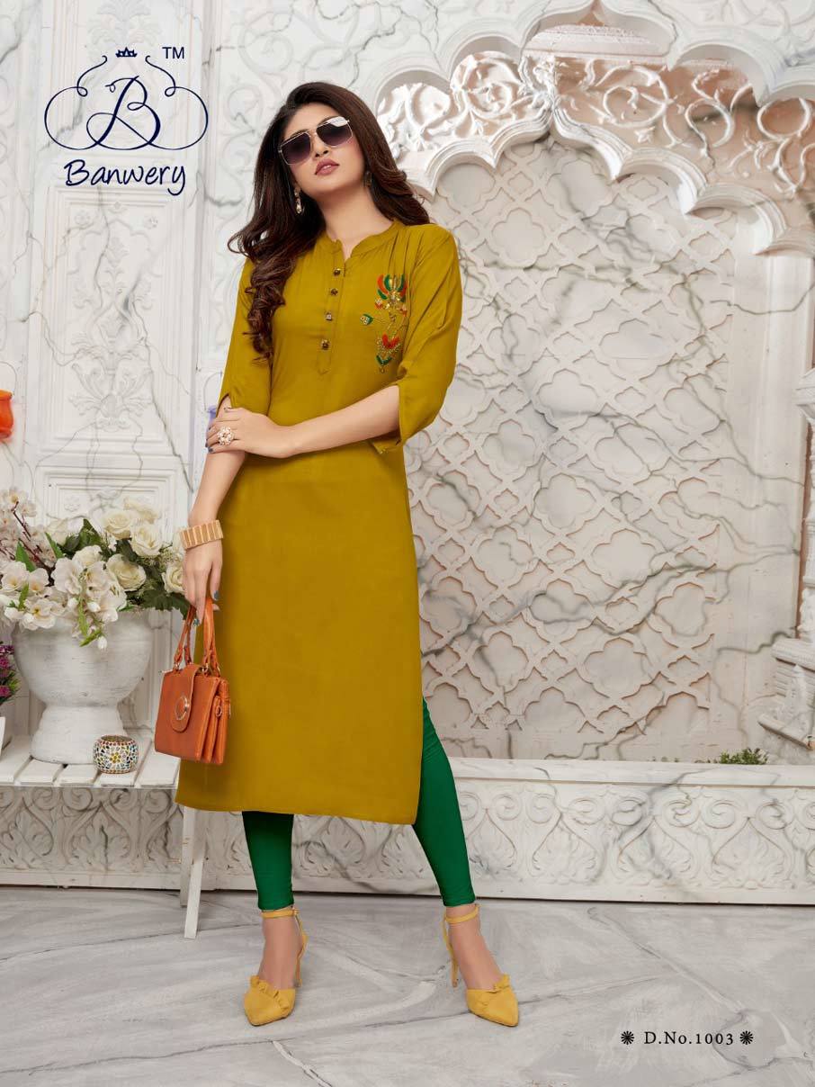 Banwery Bella Rayon Handwork Kurti - Heavy 14kg Rayon Fabric, Sizes M(38) To Xxl(44), 46 Inch Length | Handwork Design, Suitable For All Seasons
