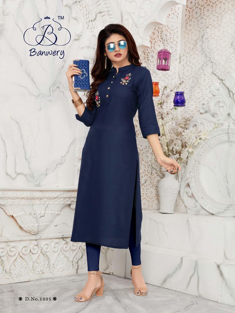 Banwery Bella Rayon Handwork Kurti - Heavy 14kg Rayon Fabric, Sizes M(38) To Xxl(44), 46 Inch Length | Handwork Design, Suitable For All Seasons