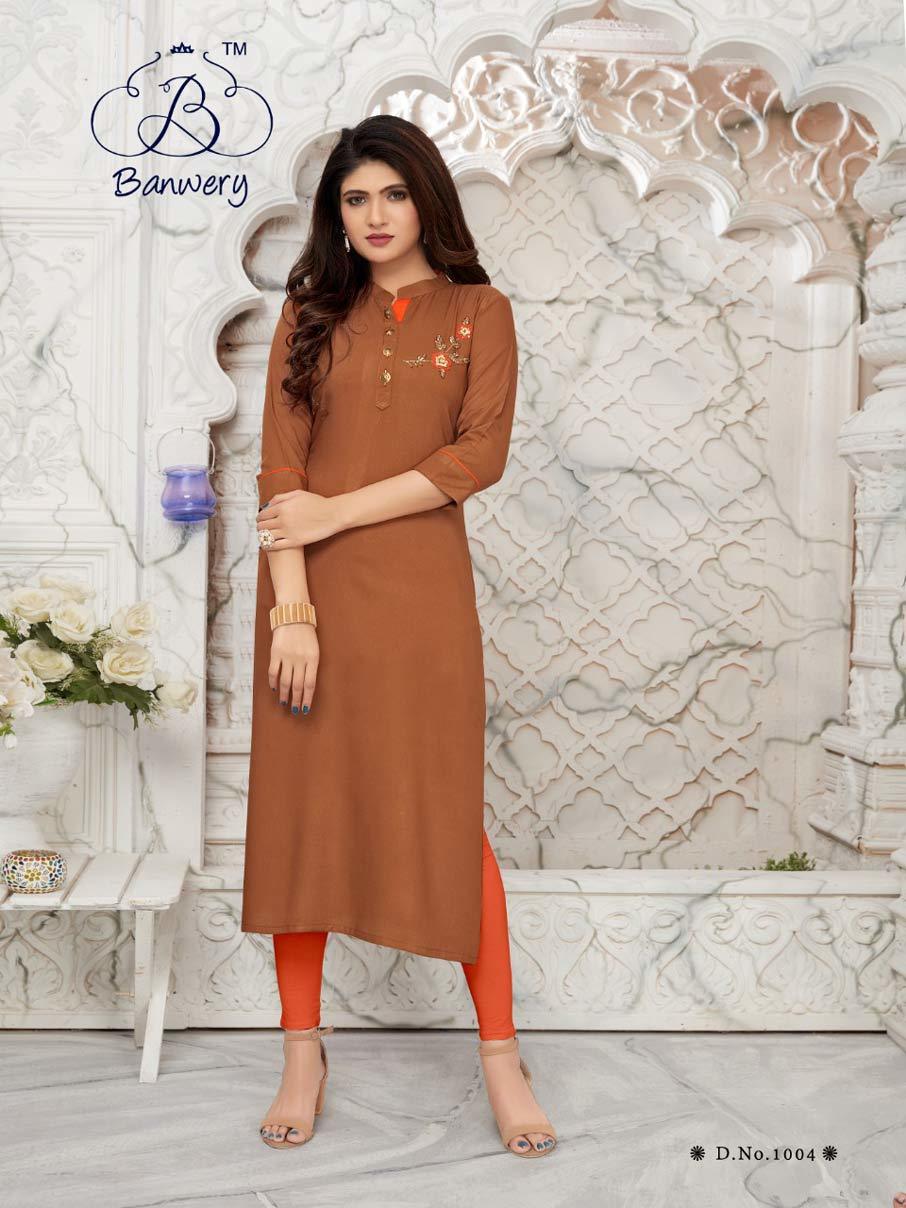 Banwery Bella Rayon Handwork Kurti - Heavy 14kg Rayon Fabric, Sizes M(38) To Xxl(44), 46 Inch Length | Handwork Design, Suitable For All Seasons