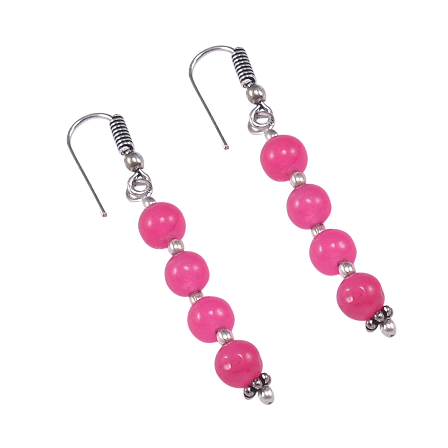 Handmade Jewelry - 6mm Pink Quartz, 0.6x47 Cm Necklace & Earring Set, 925 Sterling Silver, Round-ball Design
