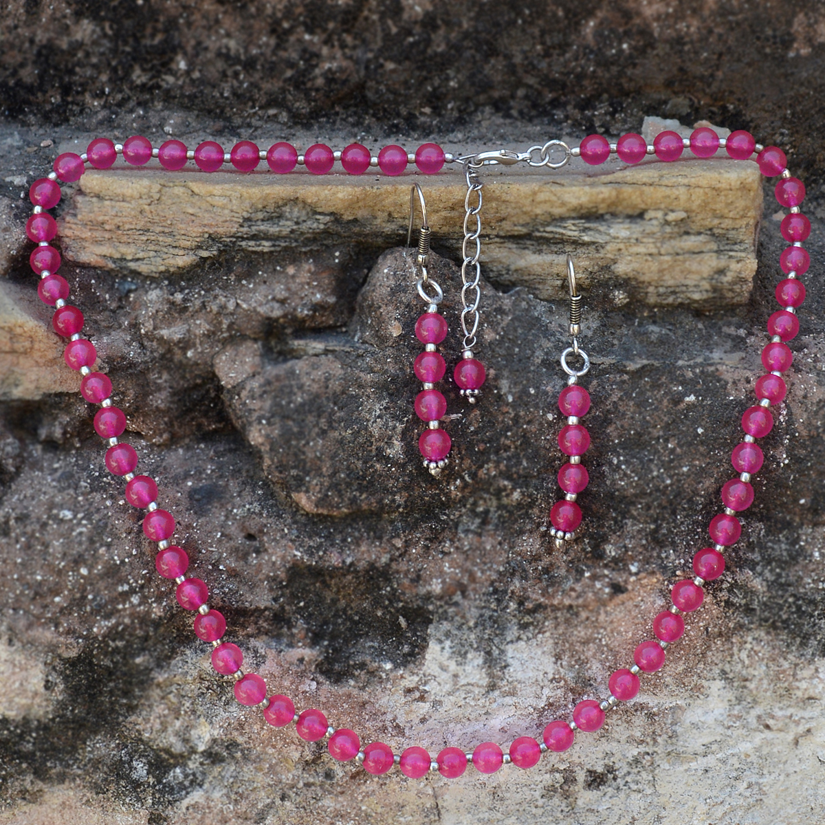 Handmade Jewelry - 6mm Pink Quartz, 0.6x47 Cm Necklace & Earring Set, 925 Sterling Silver, Round-ball Design