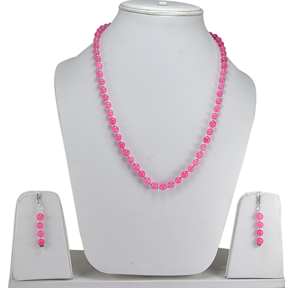 Handmade Jewelry - 6mm Pink Quartz, 0.6x47 Cm Necklace & Earring Set, 925 Sterling Silver, Round-ball Design