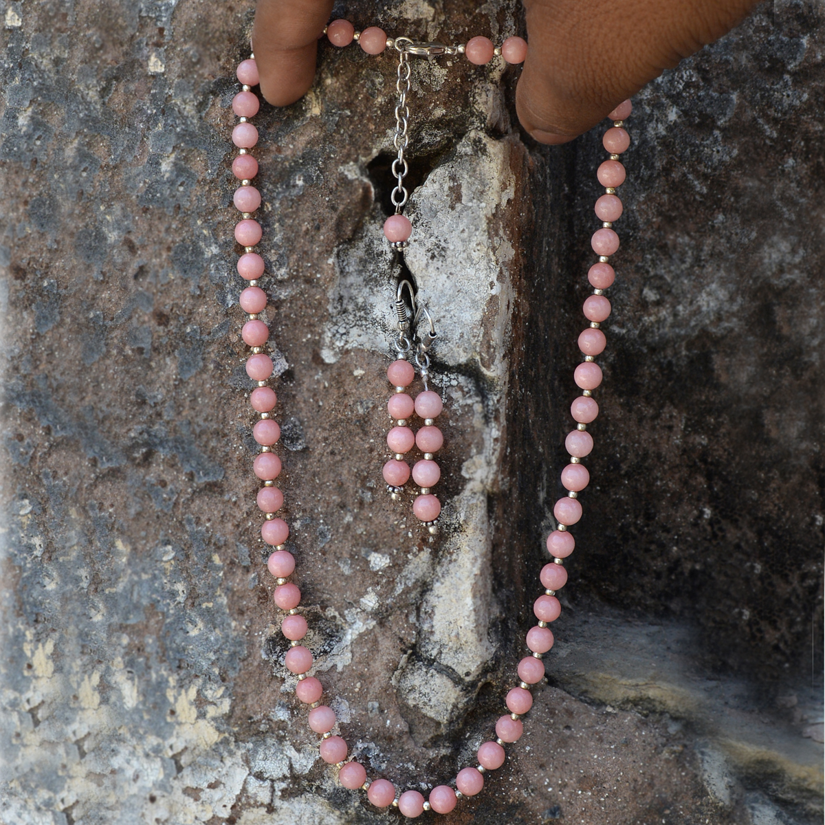 Pink Opal Silver Necklace Set Pg-156651 Size: 0.6x47 Cm.