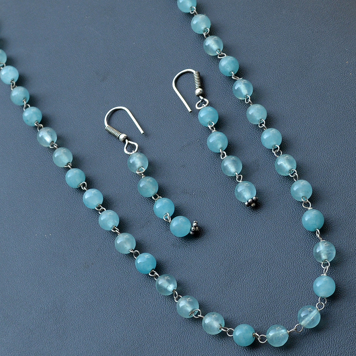 Sea Blue Quartz Silver Necklace Set Pg-156658 Size: 0.6x47 Cm.