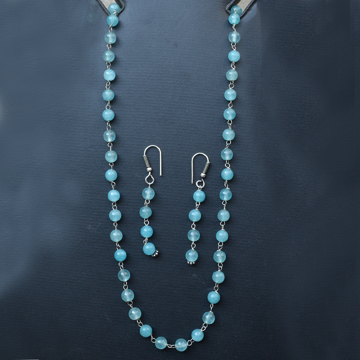 Sea Blue Quartz Silver Necklace Set Pg-156658 Size: 0.6x47 Cm.