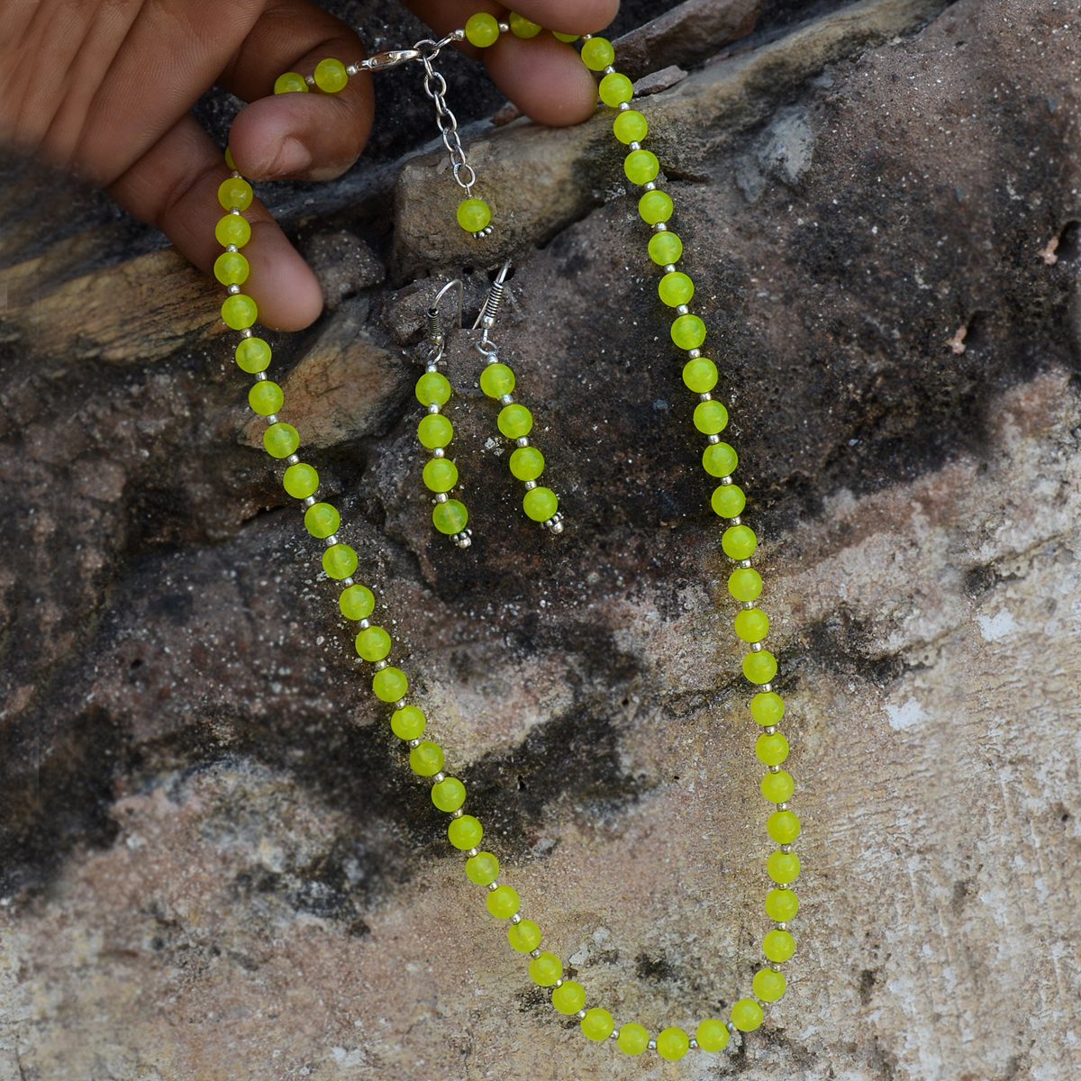 Lime Yellow Quartz Silver Necklace Set - 6mm Stones, 0.6x47 Cm | Handmade Jewelry, Sterling Silver