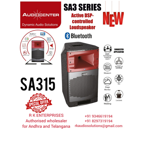 AUDIOCENTER SA315 - Black, 439x760x454mm | 2000W Output Power, Active DSP-Controlled, Bluetooth Compatible, Multi-Source Audio Mixing, Versatile Installation Options
