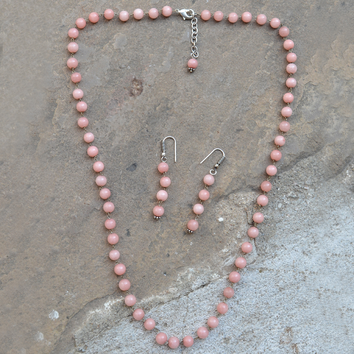 Pink Opal Quartz Silver Necklace Set Pg-156693 Size: 0.6x47 Cm.