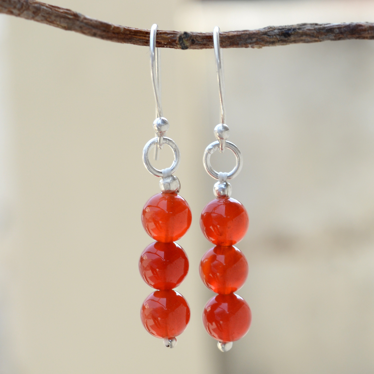 Carnelian Silver Dangle Earrings - 925 Sterling Silver 0.6x4 Cm With 6 Mm Round Beads | Handmade Jewelry For Women Perfect For Anniversary Engagement Gift Party Wedding