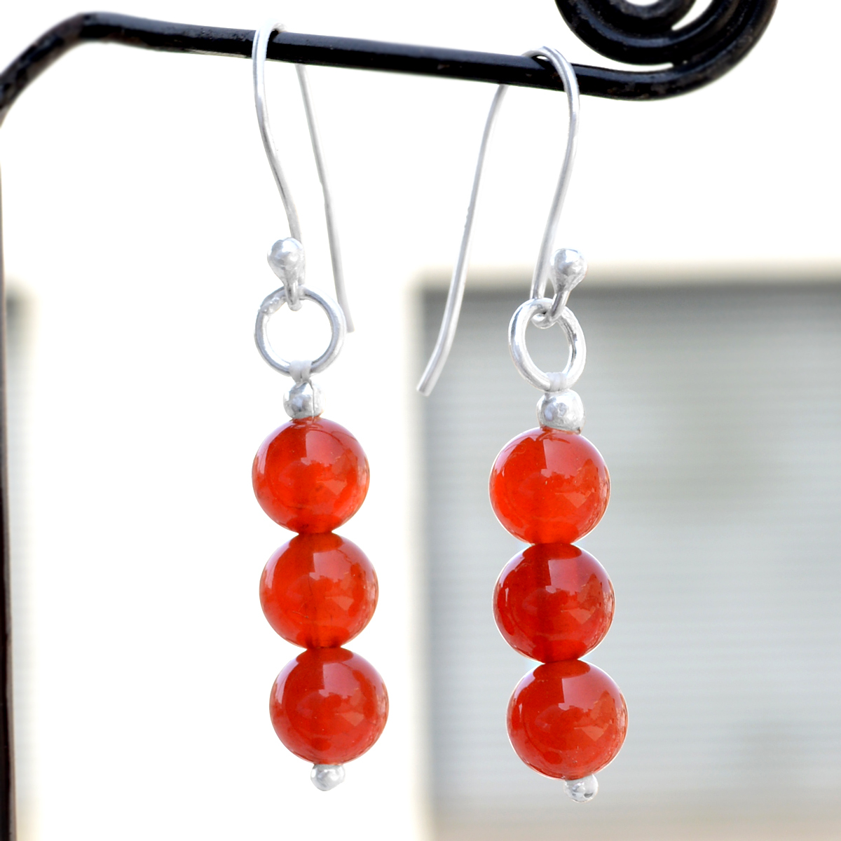 Carnelian Silver Dangle Earrings - 925 Sterling Silver 0.6x4 Cm With 6 Mm Round Beads | Handmade Jewelry For Women Perfect For Anniversary Engagement Gift Party Wedding