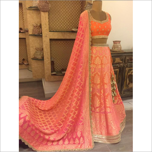 Indian Chiffon Handloom Pure Bandhej Lehenga Full Set
