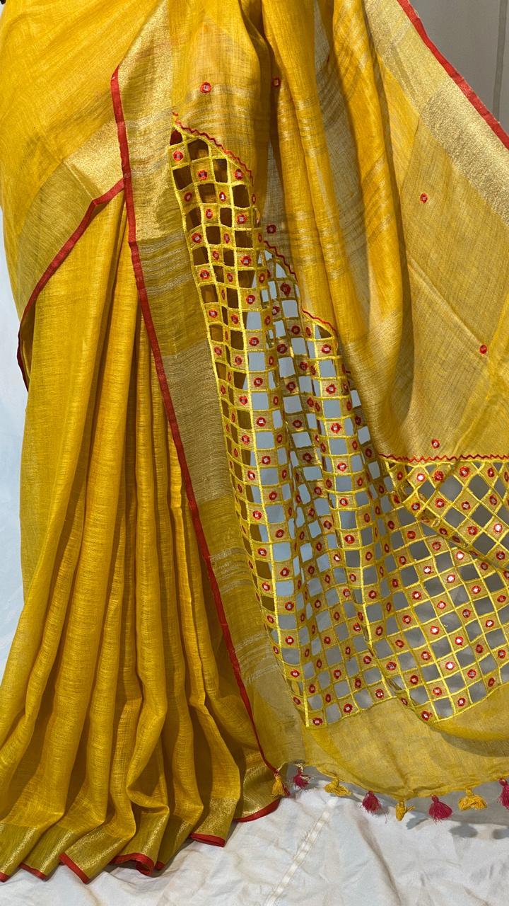 Pure Linen By Linen 120 Count Organic Saree With Cut + Work Foil Work - Silk, Elegant Design, Party Wear, Versatile For All Seasons: Rainy, Spring, Summer, Winter
