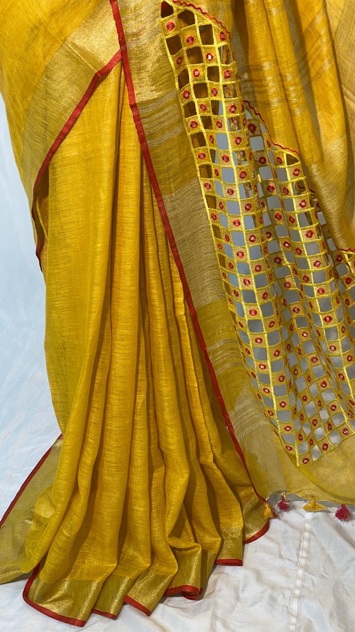 Pure Linen By Linen 120 Count Organic Saree With Cut + Work Foil Work - Silk, Elegant Design, Party Wear, Versatile For All Seasons: Rainy, Spring, Summer, Winter