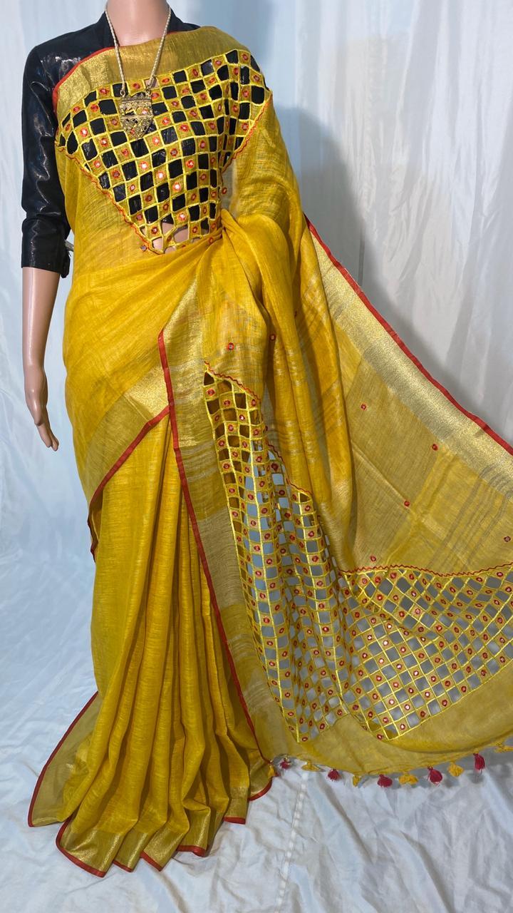Pure Linen By Linen 120 Count Organic Saree With Cut + Work Foil Work - Silk, Elegant Design, Party Wear, Versatile For All Seasons: Rainy, Spring, Summer, Winter