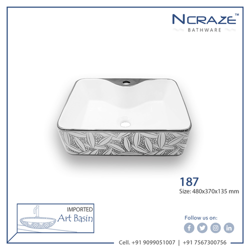 Ceramic Above Counter Wash Basin - 480x370x135mm , Glossy Finish, Decorative Design, One Piece Structure, 10 kg Weight