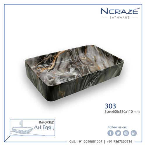 Ncraze Rounded Rectangle Imported Wash Basin - Ceramic, 600x350x100mm | Glossy Finish, Above Counter Installation, Decorative Design, One Piece Structure, 10 kg Weight