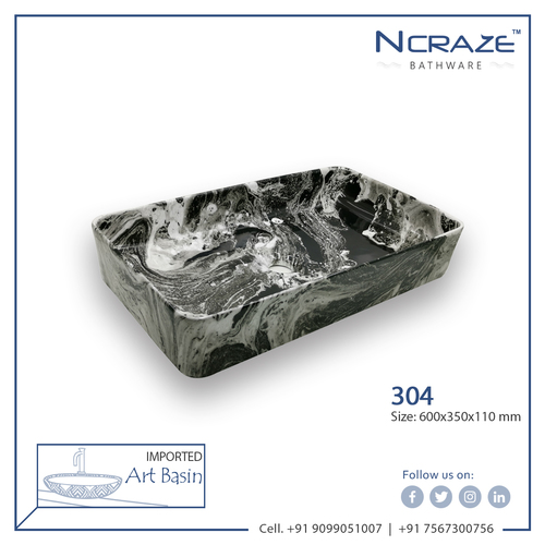 Ncraze Blackand White Art Wash Basin - Ceramic, 600x350x110mm | Glossy Finish, Decorative Above Counter Design, One Piece Structure, Weighs 10kg