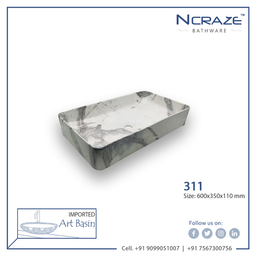 Ncraze Carrara Design Wash Basin - Ceramic, 650x350x110mm , Glossy Finish, Above Counter Installation, Decorative One-Piece Structure