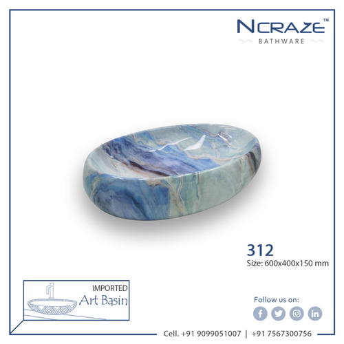 Ncraze Oval Blue Color Wash Basin - Ceramic, 600x400x150mm | Above Counter Installation, Glossy Finish, Decorative Design, One-Piece Structure, Weighs 10kg