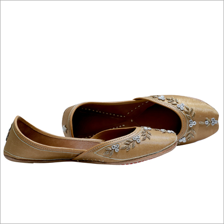 Bead Work Jutti - Silk Material, Size 35-42 | Light Brown Color, Genuine Leather Sole, Double Padded Cushion Insole For Extra Comfort