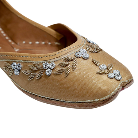 Bead Work Jutti - Silk Material, Size 35-42 | Light Brown Color, Genuine Leather Sole, Double Padded Cushion Insole For Extra Comfort