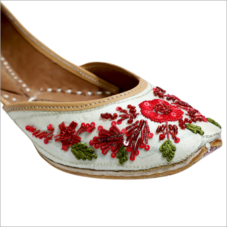 Bead Work Jutti - Silk & Genuine Leather, Sizes 35-42, Color: White & Red | Hand Embroidery, Double Padded Cushion, Flat Heel Comfort