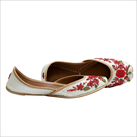 Bead Work Jutti - Silk & Genuine Leather, Sizes 35-42, Color: White & Red | Hand Embroidery, Double Padded Cushion, Flat Heel Comfort