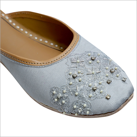 Silk Punjabi Juttis - Size 35-42, Light Grey Color | Hand Embroidered With Double Padded Cushion Insole, Flat Heel Design