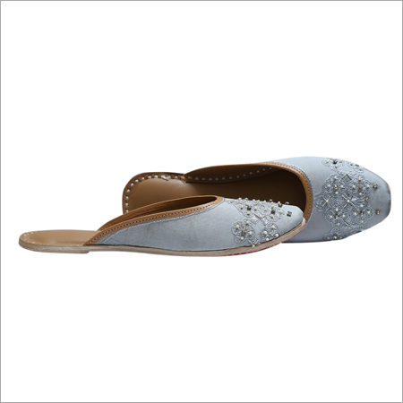 Silk Punjabi Juttis - Size 35-42, Light Grey Color | Hand Embroidered With Double Padded Cushion Insole, Flat Heel Design