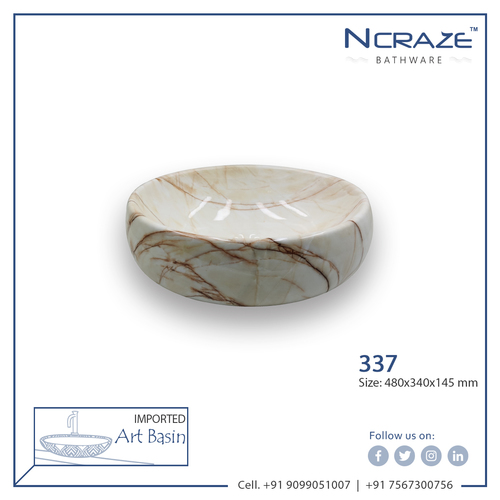 Ncraze Milk White Brown Shaded Designer Basin - Ceramic, 480x340x145mm | Decorative Above Counter, Glossy Finish, One-Piece Design, 10kg Weight