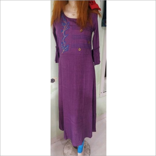Ladies Kurtas - Rayon, Long Size, Purple Color | Elegant Design, Floral Embroidery, Comfortable Fit, Three-Quarter Sleeve, Easy to Maintain